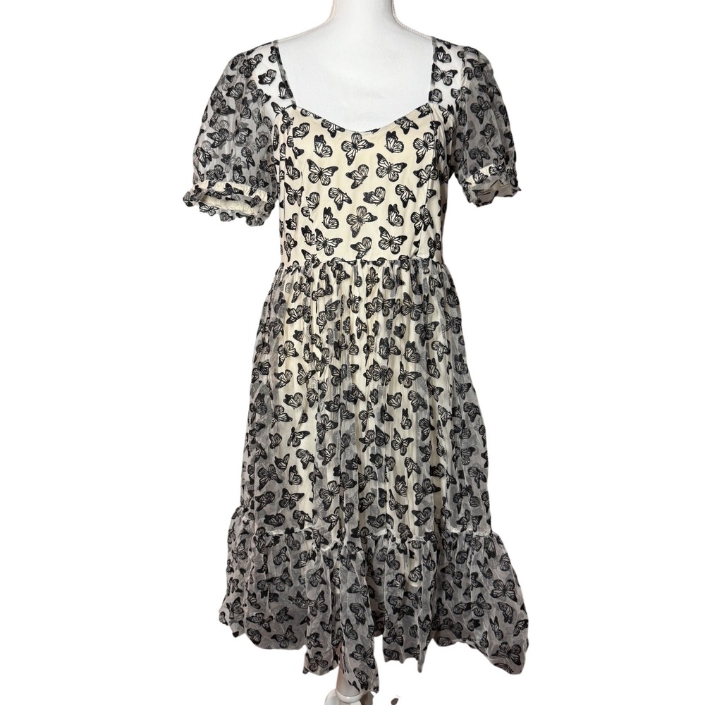 Thorn & Fable Butterfly Mesh Midi Dress Large Cream Black Excellent Whimsigoth